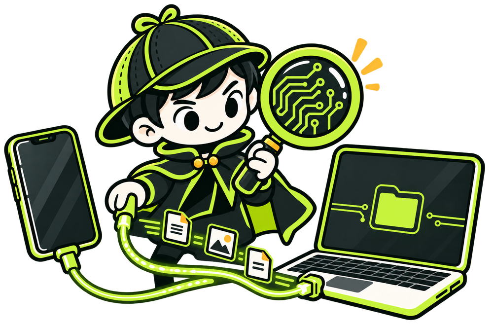 Byte Sherlock mascot transferring phone data to a laptop