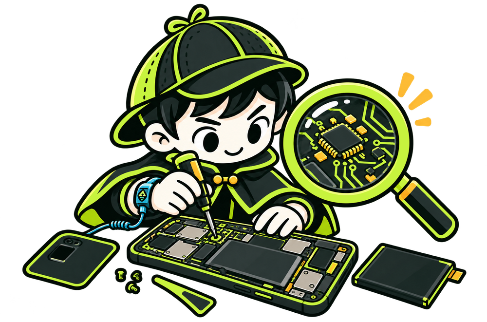 Byte Sherlock mascot repairing a smartphone