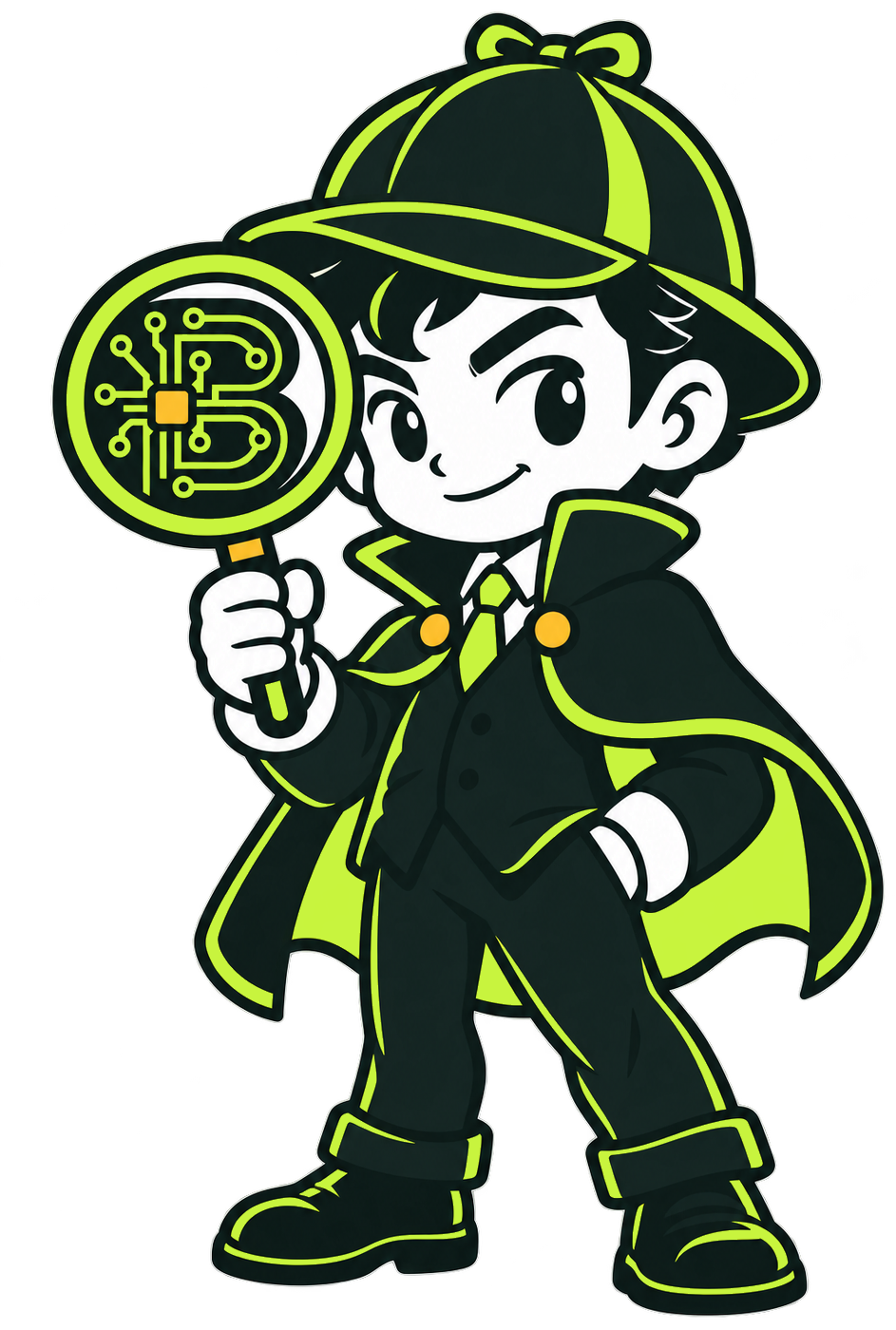 Byte Sherlock mascot standing with a magnifying glass