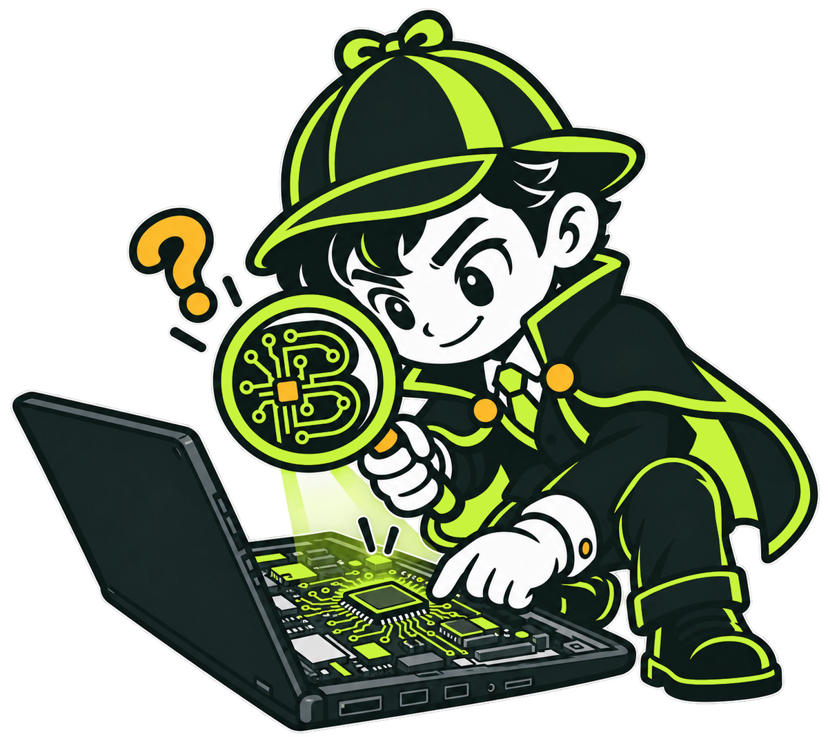 Byte Sherlock mascot inspecting with a magnifying glass